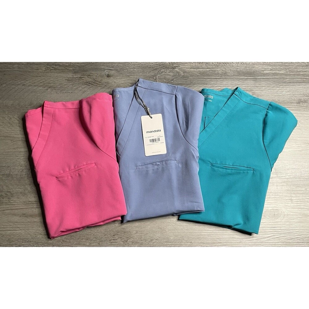 Lot of 3 Mandala Scrubs Women's V-Neck Tops  Pink/ Periwinkle NWT/Teal - Small
